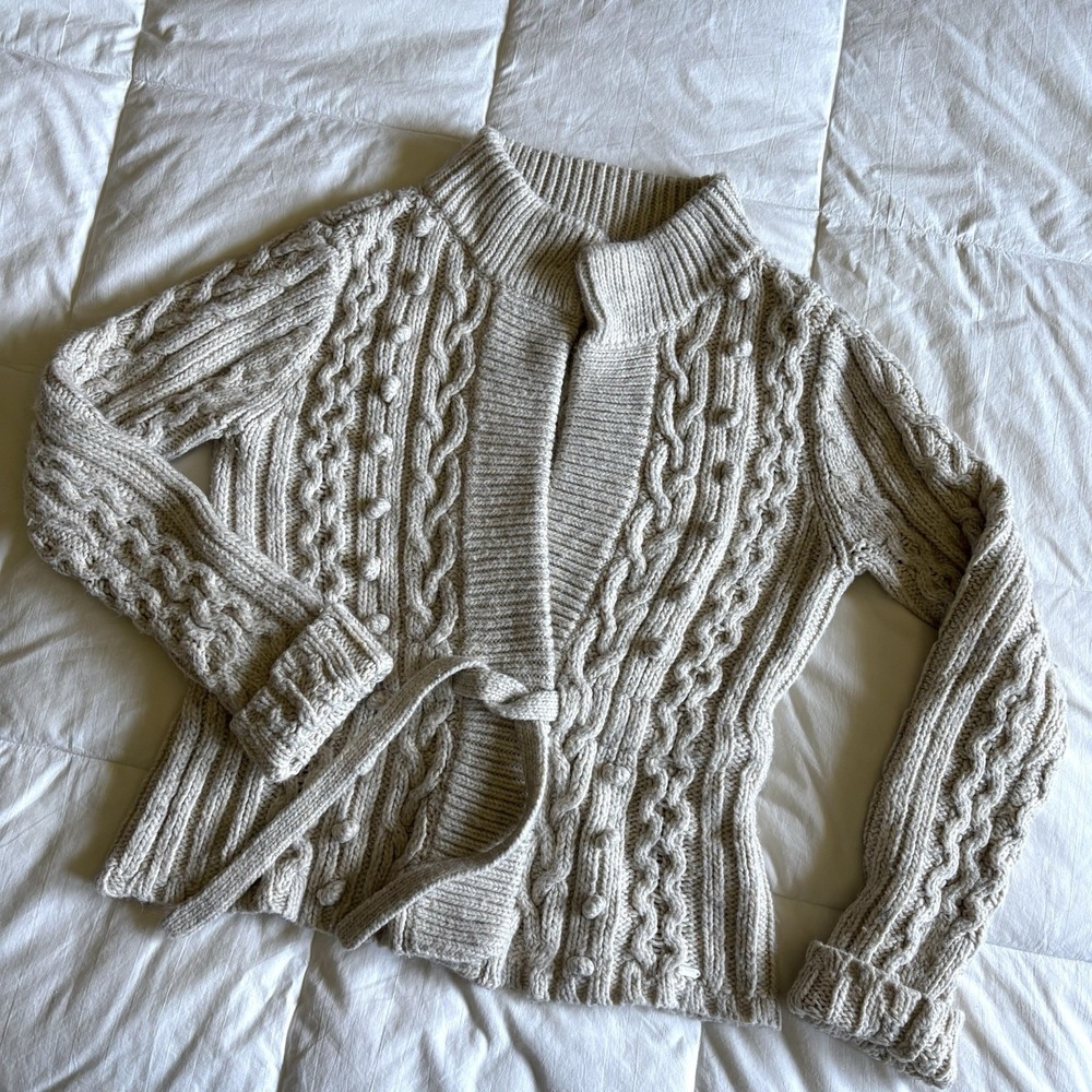 Y2K Aeropostale Fisherman Cable Popcorn Sweater Cardigan Bone Beige L Boho Chic